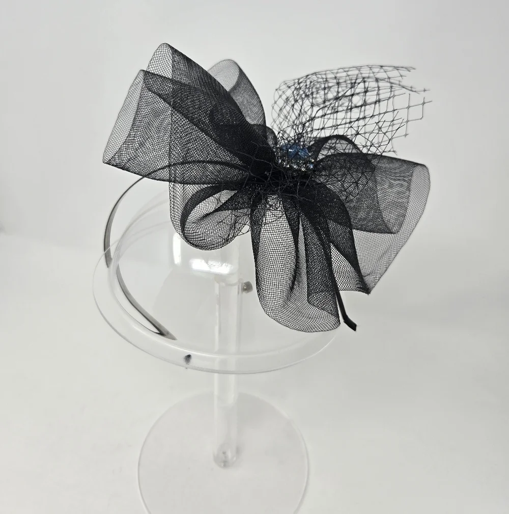 VINTAGE HANDMADE FASCINATOR HEADBAND BLACK TULLE BLUE RHINESTONE BROOCH DIY